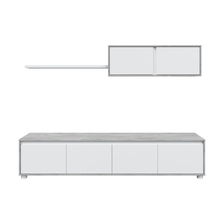 Parete attrezzata Savannah, Mobile da soggiorno porta TV, Composizione set salotto, Set salotto con pensile, 200x41h43 cm, Bianco e Cemento