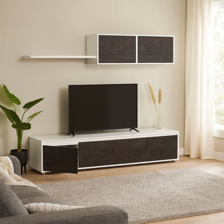 Parete attrezzata Savannah, Mobile da soggiorno porta TV, Composizione set salotto, Set salotto con pensile, 200x41h43 cm, Bianco e Ossido