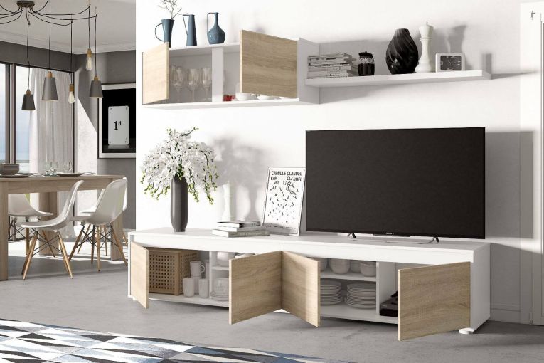 Parete attrezzata Savannah, Mobile da soggiorno porta TV, Composizione set salotto, Set salotto con pensile, 200x41h43 cm, Bianco e Rovere