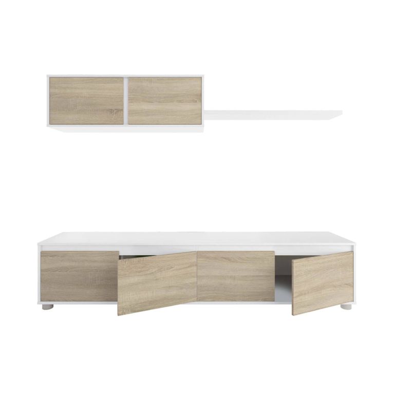 Parete attrezzata Savannah, Mobile da soggiorno porta TV, Composizione set salotto, Set salotto con pensile, 200x41h43 cm, Bianco e Rovere