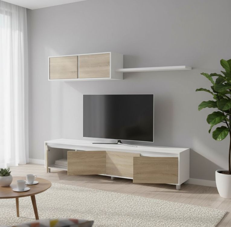 Parete attrezzata Savannah, Mobile da soggiorno porta TV, Composizione set salotto, Set salotto con pensile, 200x41h43 cm, Bianco e Rovere