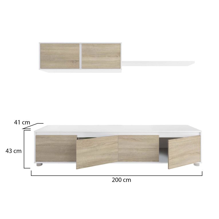 Parete attrezzata Savannah, Mobile da soggiorno porta TV, Composizione set salotto, Set salotto con pensile, 200x41h43 cm, Bianco e Rovere