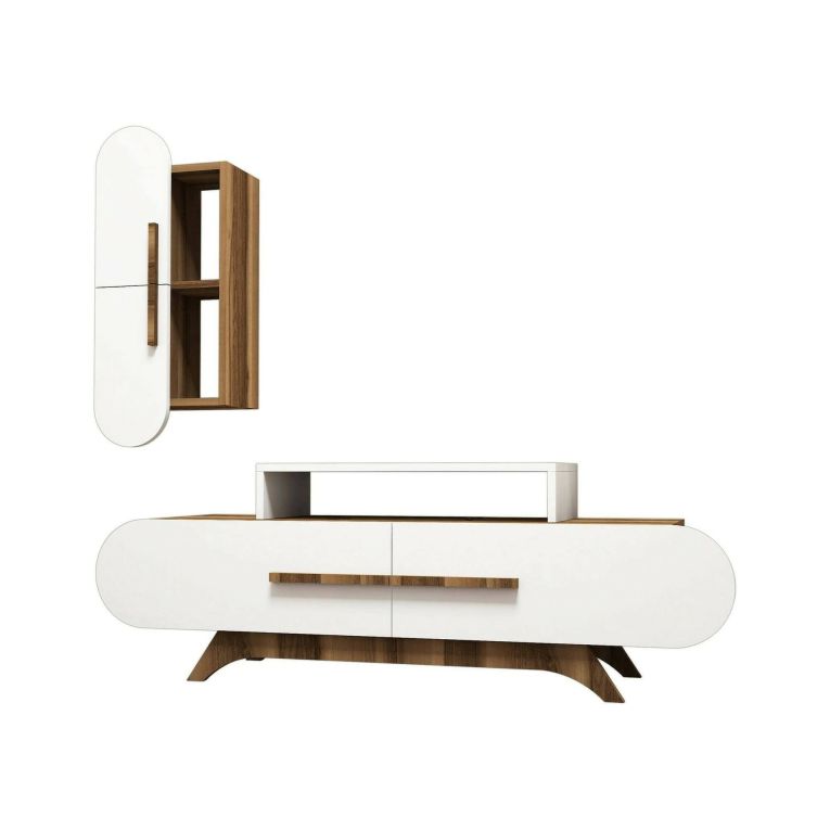 Parete attrezzata Segin, Set da soggiorno modulabile, Mobile salotto multiuso, Armadio porta TV moderno, 145x37h50 cm, Noce e Bianco