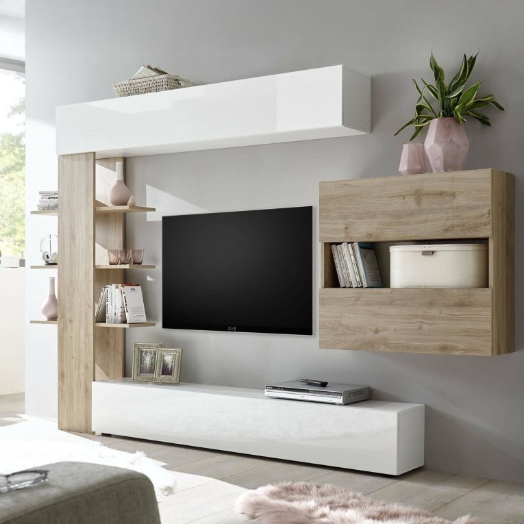 Parete attrezzata smart 295cm bianca lucida e rovere - Aragosta