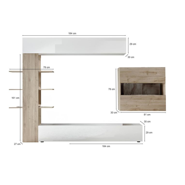 Parete attrezzata smart 295cm bianca lucida e rovere - Aragosta