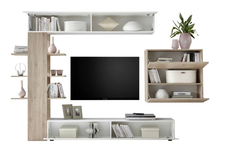 Parete attrezzata smart 295cm bianca lucida e rovere - Aragosta