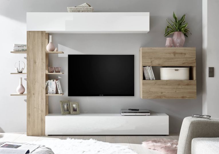 Parete attrezzata smart 295cm bianca lucida e rovere - Aragosta