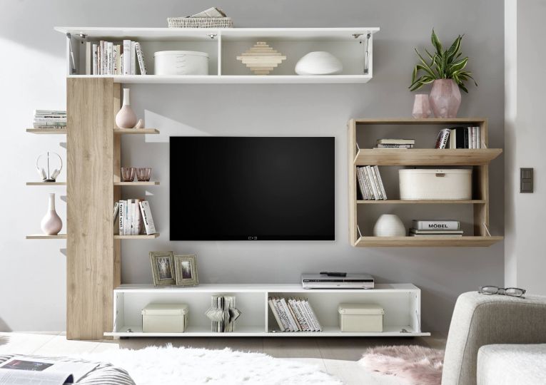 Parete attrezzata smart 295cm bianca lucida e rovere - Aragosta