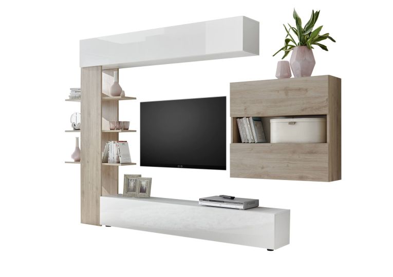 Parete attrezzata smart 295cm bianca lucida e rovere - Aragosta