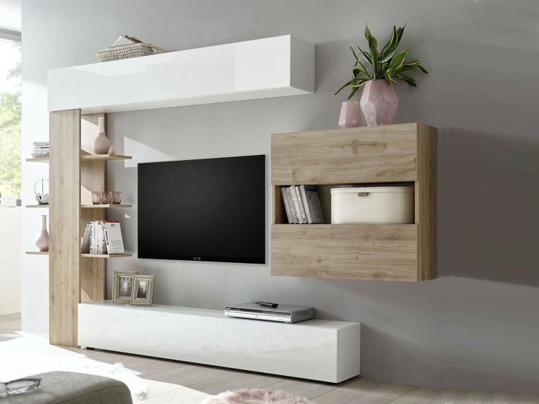 Parete attrezzata smart 295cm bianca lucida e rovere - Aragosta