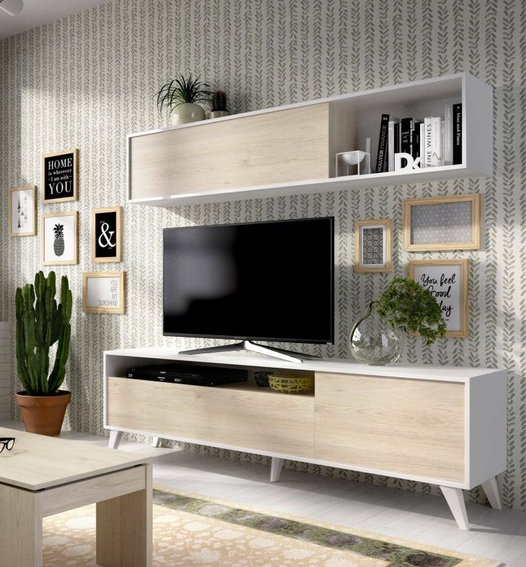 Parete attrezzata Tambo, Composizione soggiorno, Mobile salotto multiuso, Armadio porta TV, 180x41 h180 cm, Bianco e Rovere