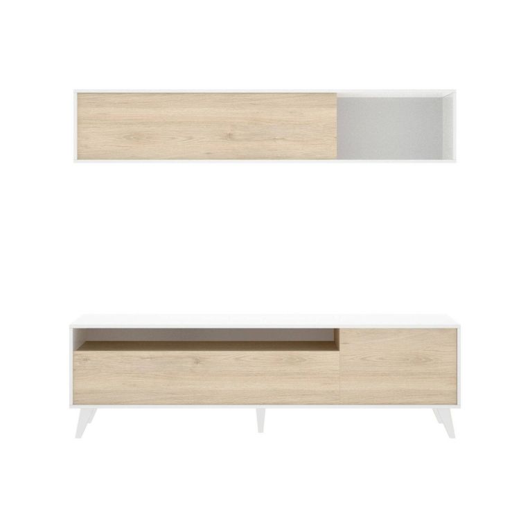 Parete attrezzata Tambo, Composizione soggiorno, Mobile salotto multiuso, Armadio porta TV, 180x41 h180 cm, Bianco e Rovere