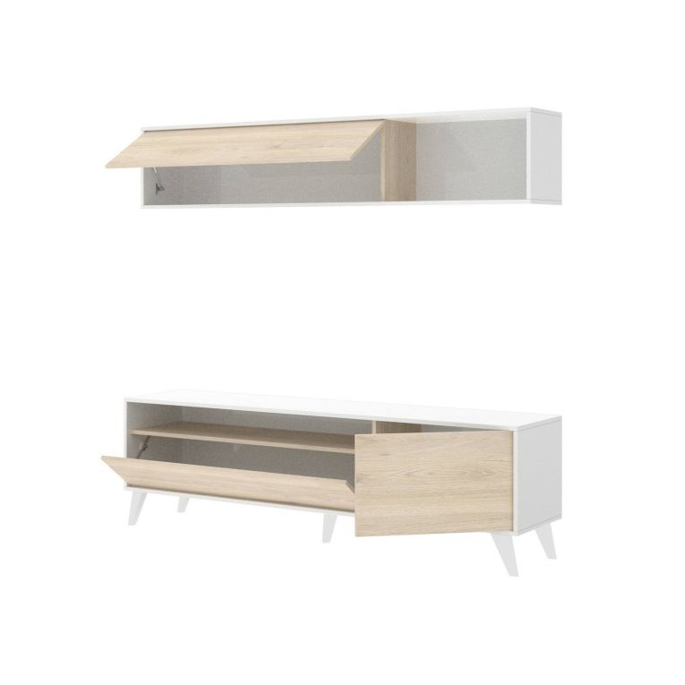 Parete attrezzata Tambo, Composizione soggiorno, Mobile salotto multiuso, Armadio porta TV, 180x41 h180 cm, Bianco e Rovere