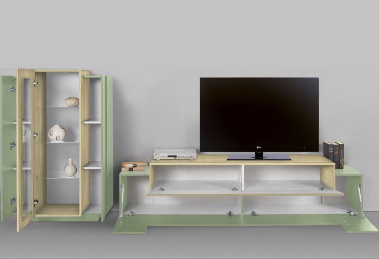 Parete Attrezzata Verde Modulabile 10 Ripiani 280x45x120.5h cm, Apertura a Ribalta, Battente - Lazzate