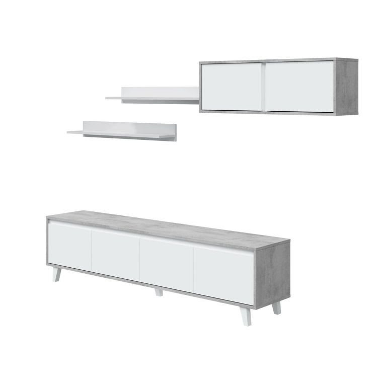 Parete attrezzata Vergennes, Set da soggiorno, Mobile salotto multiuso, Parete attrezzata moderna, 200x41h50 cm, Cemento e Bianco lucido