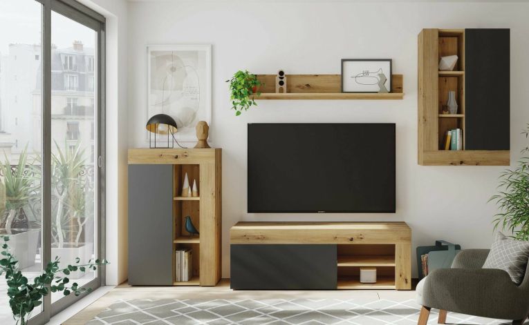 Parete attrezzata Watertown, Set da soggiorno moderno, Mobile salotto multiuso, 260x41h102 cm, Rovere Nodi e Antracite