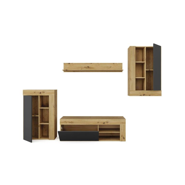 Parete attrezzata Watertown, Set da soggiorno moderno, Mobile salotto multiuso, 260x41h102 cm, Rovere Nodi e Antracite