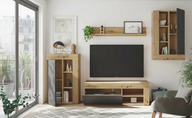 Parete attrezzata Watertown, Set da soggiorno moderno, Mobile salotto multiuso, 260x41h102 cm, Rovere Nodi e Antracite