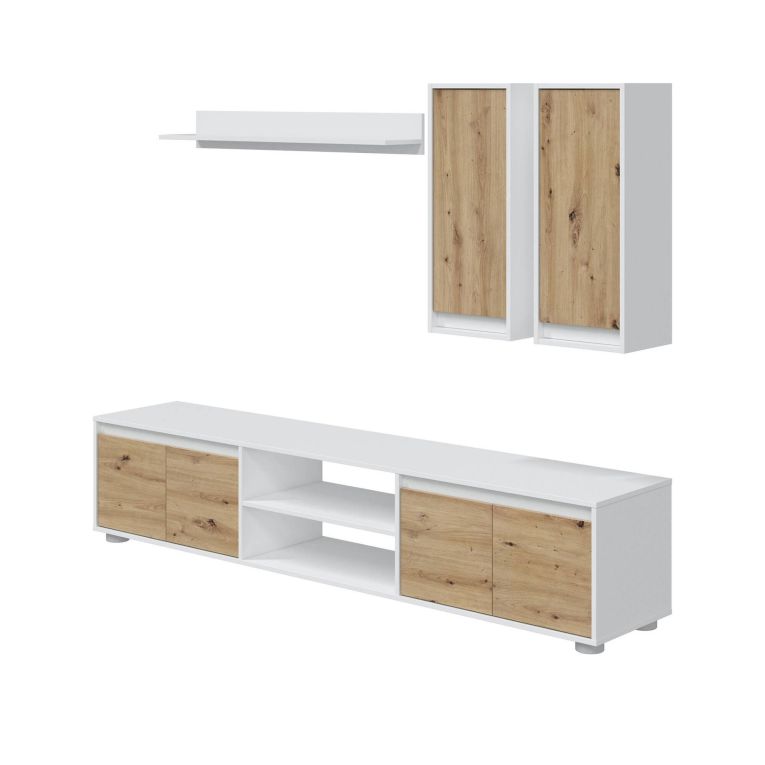 Parete attrezzata Wells, Set da soggiorno, Mobile salotto multiuso, Composizione per salotto moderno, 200x40h114 cm, Bianco e Rovere