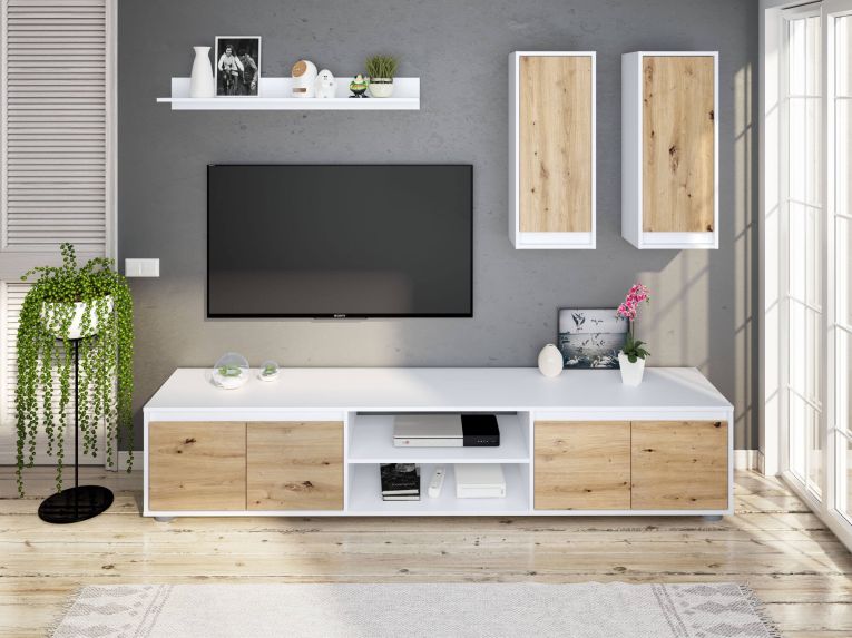 Parete attrezzata Wells, Set da soggiorno, Mobile salotto multiuso, Composizione per salotto moderno, 200x40h114 cm, Bianco e Rovere