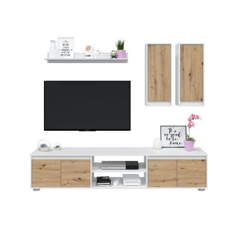 Parete attrezzata Wells, Set da soggiorno, Mobile salotto multiuso, Composizione per salotto moderno, 200x40h114 cm, Bianco e Rovere