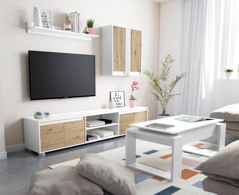 Parete attrezzata Wells, Set da soggiorno, Mobile salotto multiuso, Composizione per salotto moderno, 200x40h114 cm, Bianco e Rovere