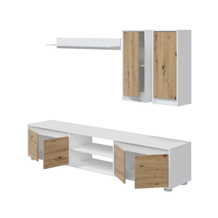 Parete attrezzata Wells, Set da soggiorno, Mobile salotto multiuso, Composizione per salotto moderno, 200x40h114 cm, Bianco e Rovere