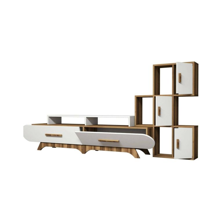 Parete attrezzata Zephyria, Set da soggiorno modulabile, Mobile salotto multiuso, Armadio porta TV moderno, 205x37h50 cm, Noce e Bianco