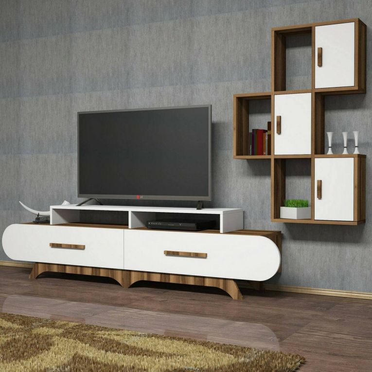 Parete attrezzata Zephyria, Set da soggiorno modulabile, Mobile salotto multiuso, Armadio porta TV moderno, 205x37h50 cm, Noce e Bianco
