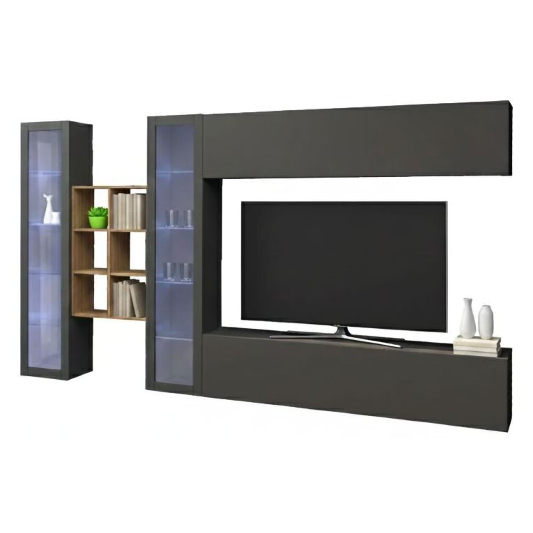Parete salotto 18 ripiani 280cm antracite e acero - Alezio