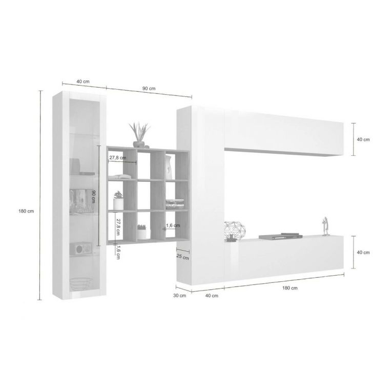 Parete salotto 20 ripiani 310cm bianca lucida e acero - Avegno