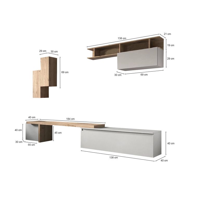 Parete salotto 4 ante 290cm rovere e grigia chiaro - Chris