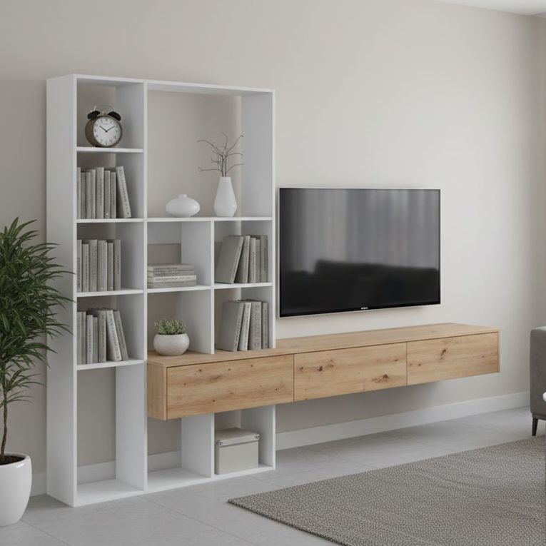 Parete salotto in legno 226cm bianca e legno - Bellusco