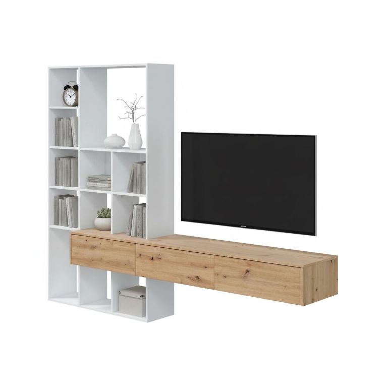 Parete salotto in legno 226cm bianca e legno - Bellusco