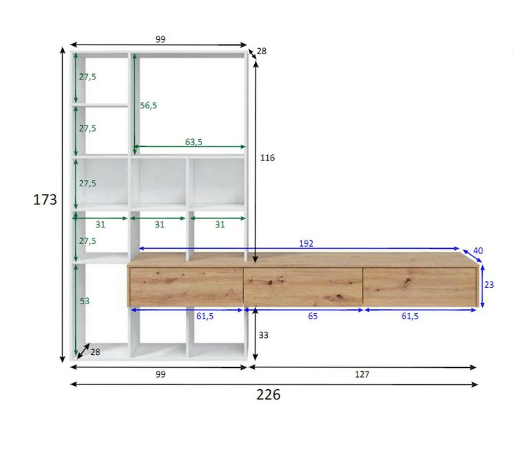 Parete salotto in legno 226cm bianca e legno - Bellusco