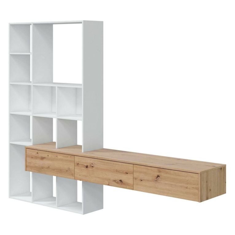 Parete salotto in legno 226cm bianca e legno - Bellusco