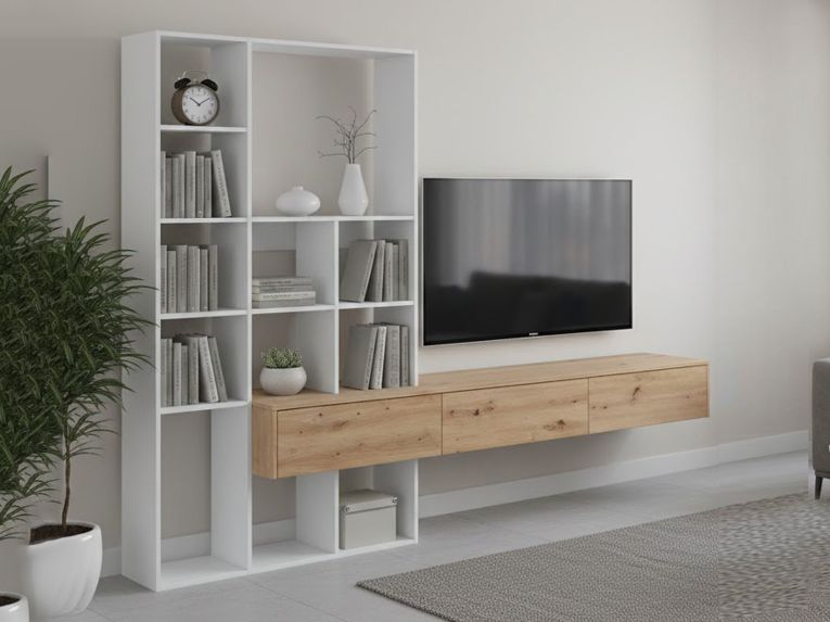 Parete salotto in legno 226cm bianca e legno - Bellusco