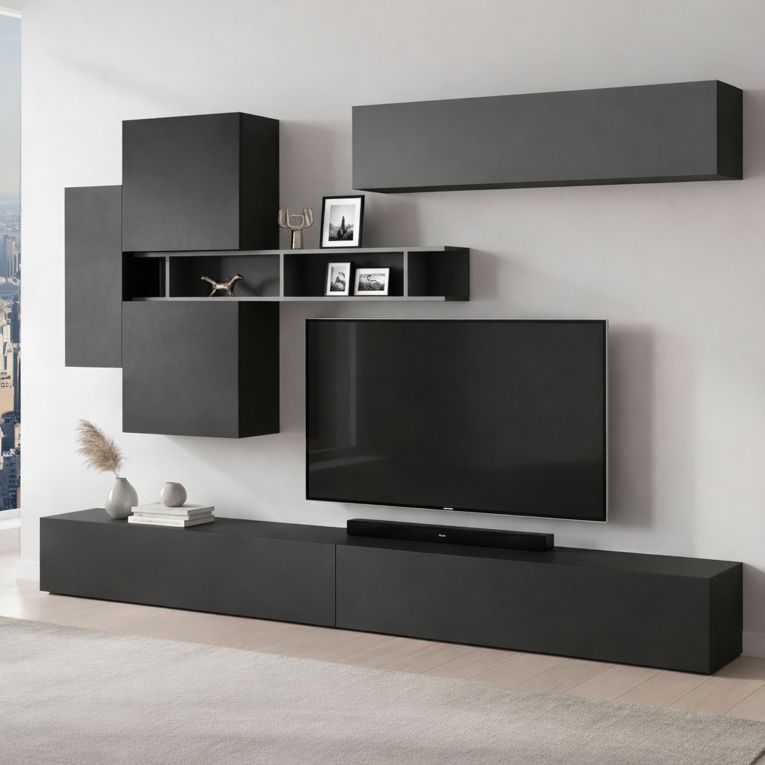 Parete salotto in legno e metallo 276cm ardesia e grigia scuro - Nate