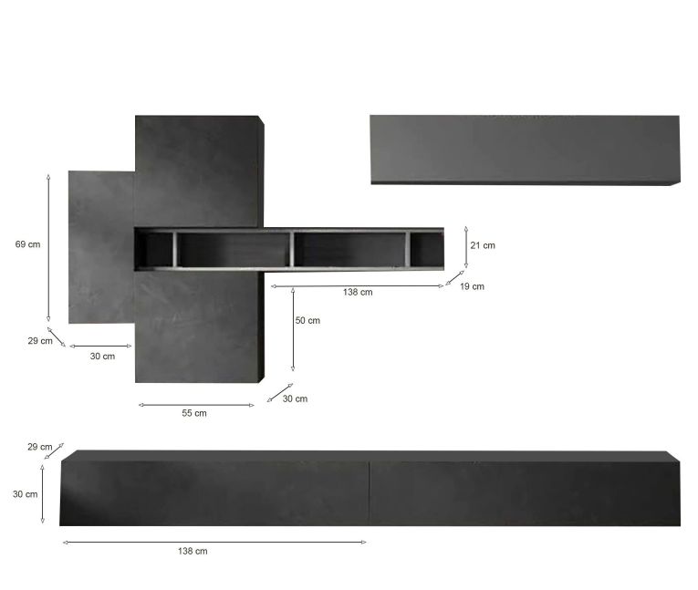 Parete salotto in legno e metallo 276cm ardesia e grigia scuro - Nate