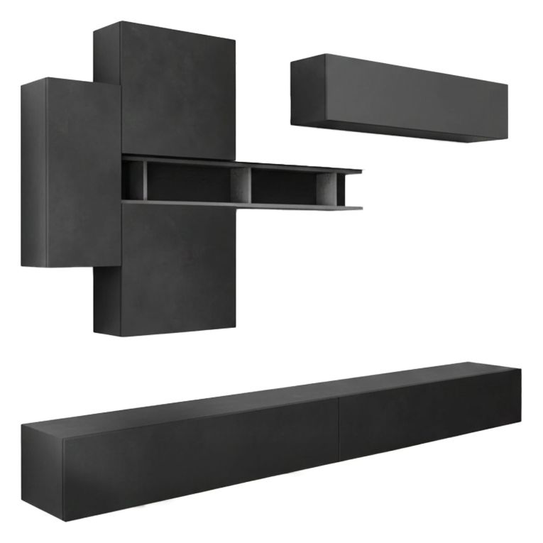 Parete salotto in legno e metallo 276cm ardesia e grigia scuro - Nate