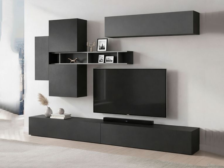 Parete salotto in legno e metallo 276cm ardesia e grigia scuro - Nate