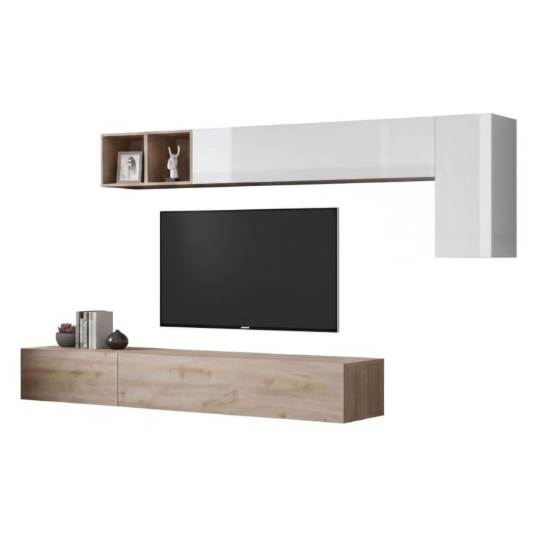 Parete salotto in legno e metallo 276cm bianca lucida e rovere - Barumini