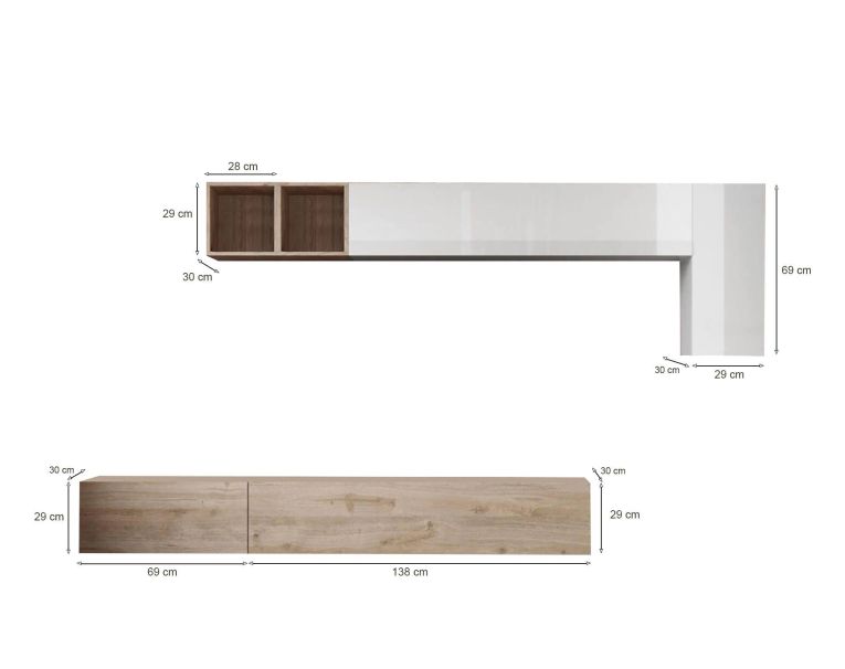 Parete salotto in legno e metallo 276cm bianca lucida e rovere - Barumini