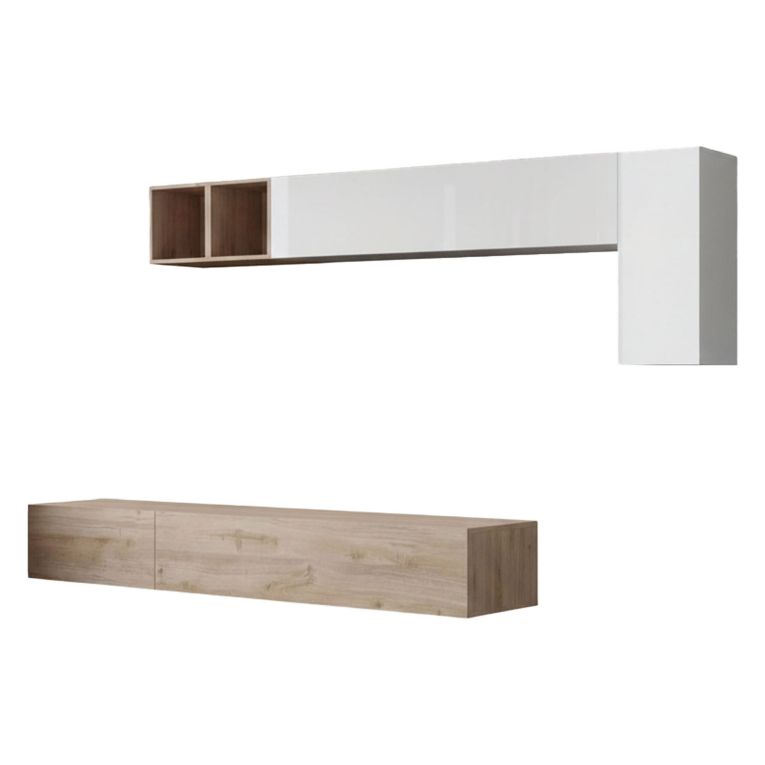 Parete salotto in legno e metallo 276cm bianca lucida e rovere - Barumini