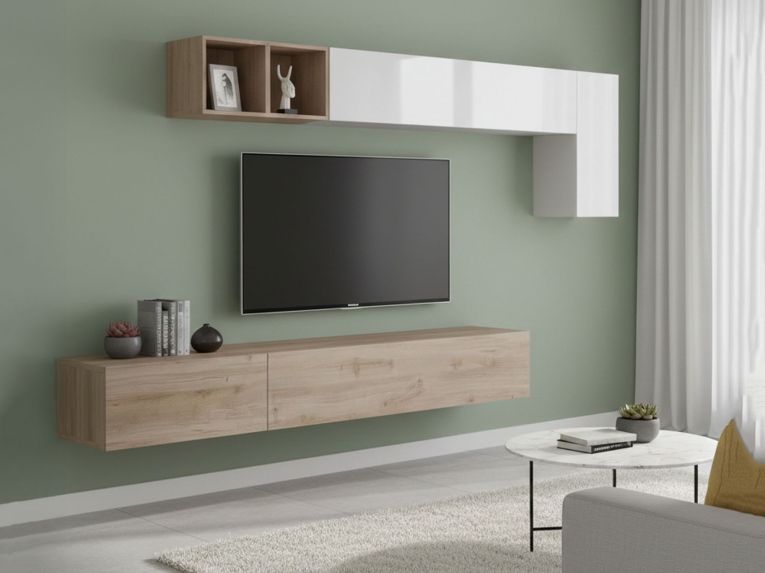 Parete salotto in legno e metallo 276cm bianca lucida e rovere - Barumini