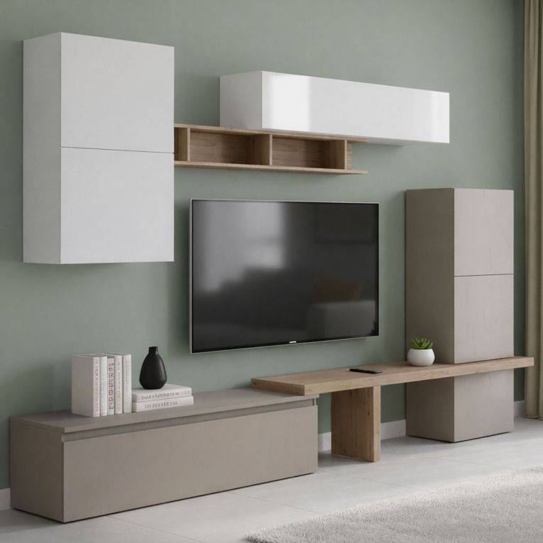Parete salotto in legno e metallo 290cm bianca lucida e rovere - Tammy