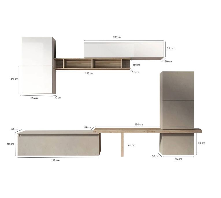 Parete salotto in legno e metallo 290cm bianca lucida e rovere - Tammy