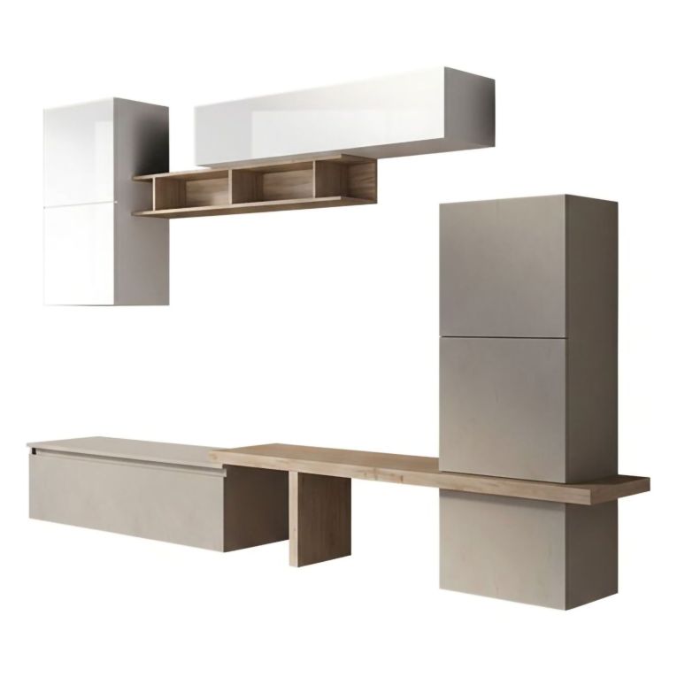 Parete salotto in legno e metallo 290cm bianca lucida e rovere - Tammy