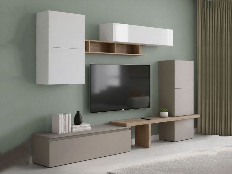 Parete salotto in legno e metallo 290cm bianca lucida e rovere - Tammy