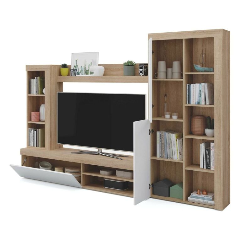 Parete salotto moderna 240cm bianca e rovere - Neera